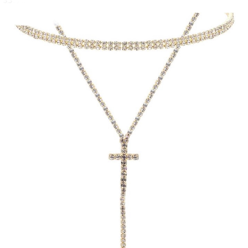 Rhinestone cross long strip necklace
